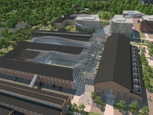 Glass canopies between existing office buildings at the Arsenal on the Charles complex would create a “winter garden” atmosphere under Athenahealth’s campus master plan proposal.